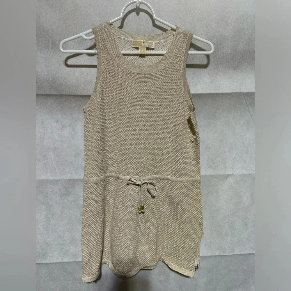 Michael Kors Sz M Sleeveless Knit Metallic Gold Tank Top Sweater Belted Tie NWOT